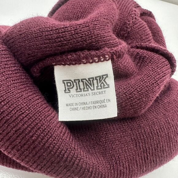 Victorias Secret PINK Beanie Hat Winter Cap Maroon White Knit - Picture 9 of 11